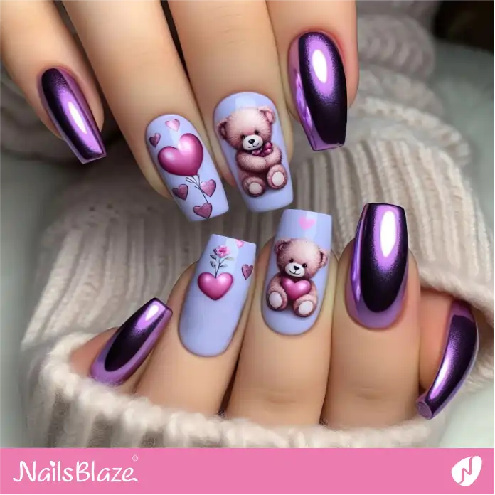 Purple Chrome and Blue Teddy Bear Nails | Valentine Nails - NB2418
